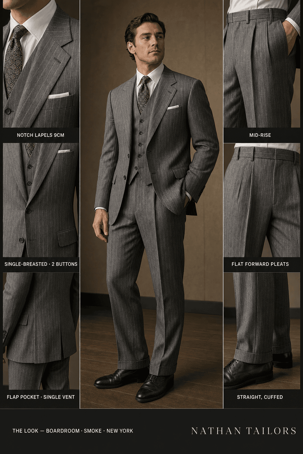 smoke pinstripe single-breasted notch-lapel online custom suit — designed online at RemoteSuit. Made-to-measure online custom suit available from $109.