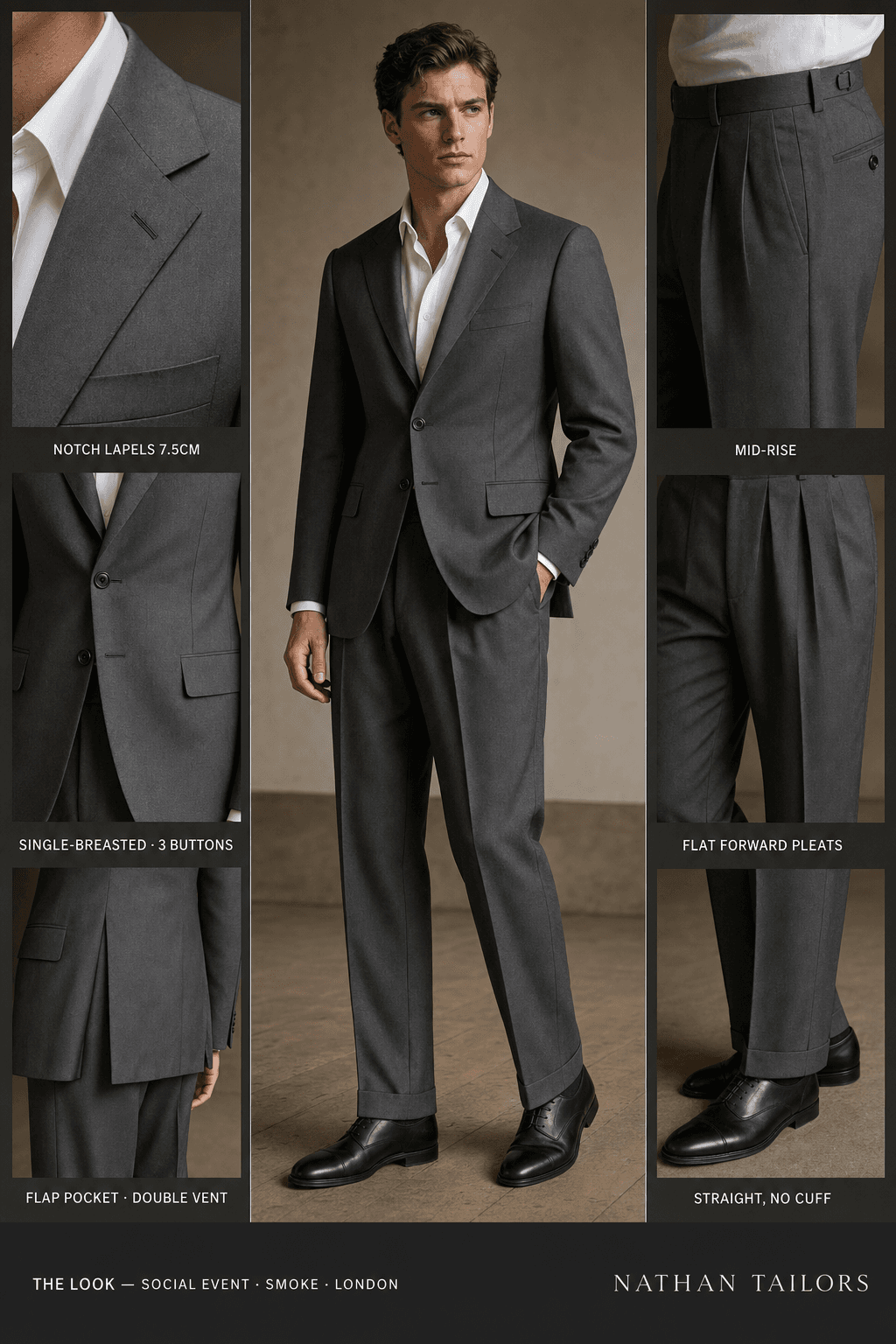 smoke single-breasted notch-lapel online custom suit — designed online at RemoteSuit. Made-to-measure online custom suit available from $109.