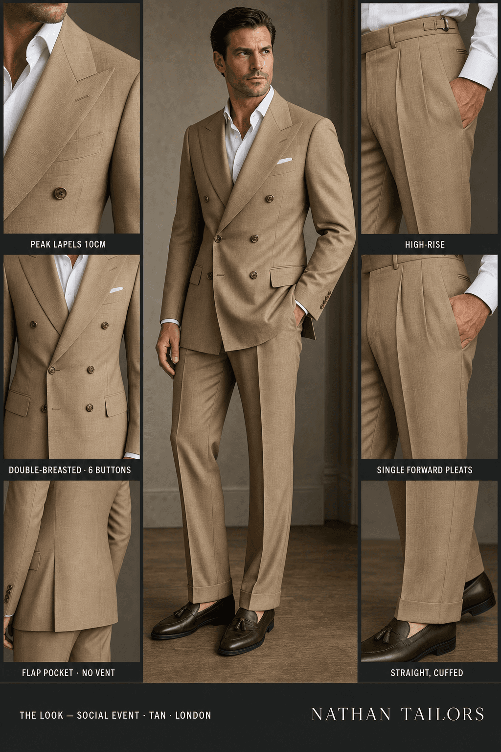 tan double-breasted peak-lapel online custom suit — designed online at RemoteSuit. Made-to-measure online custom suit available from $109.
