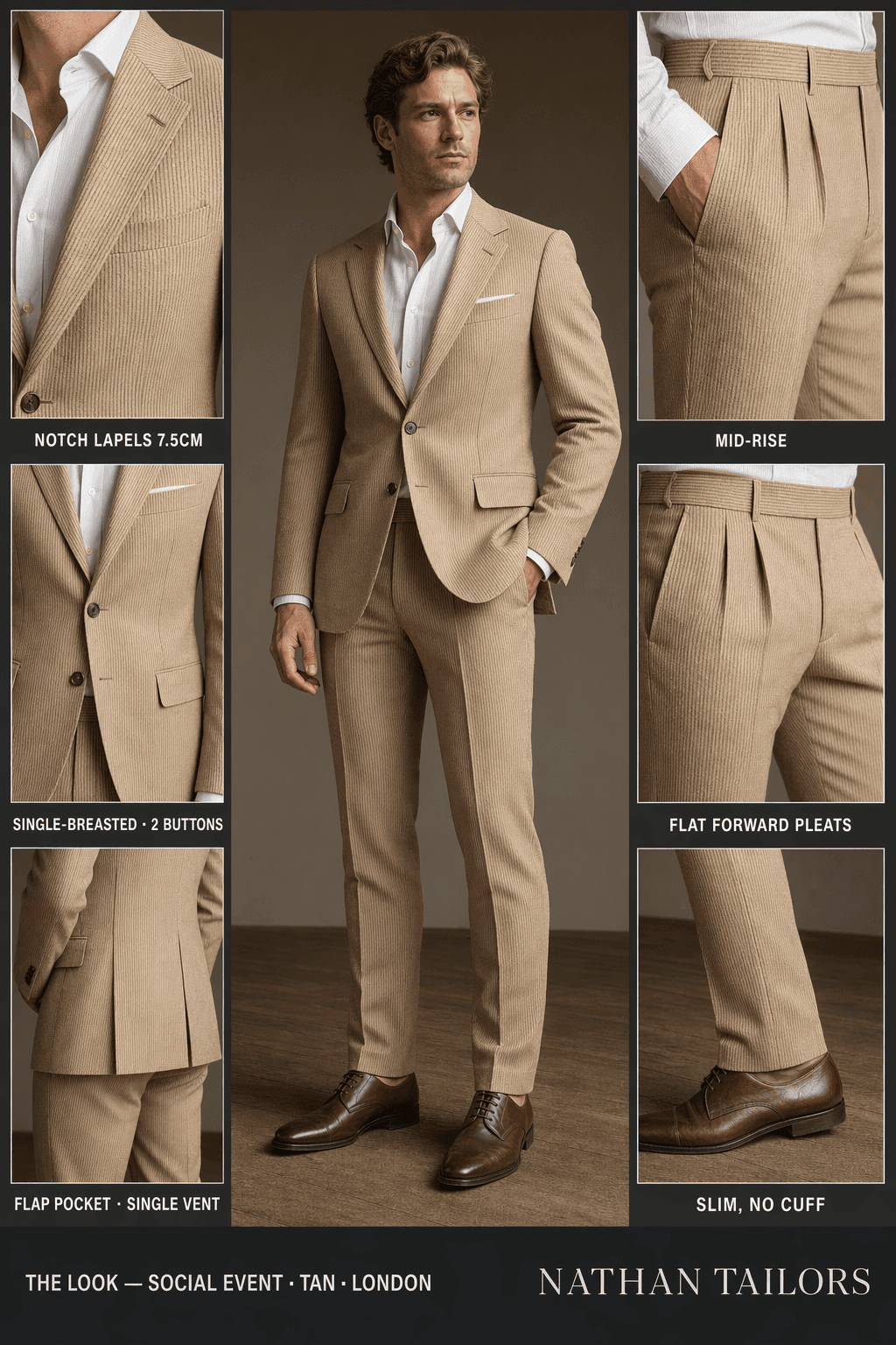 tan single-breasted notch-lapel online custom suit — designed online at RemoteSuit. Made-to-measure online custom suit available from $109.