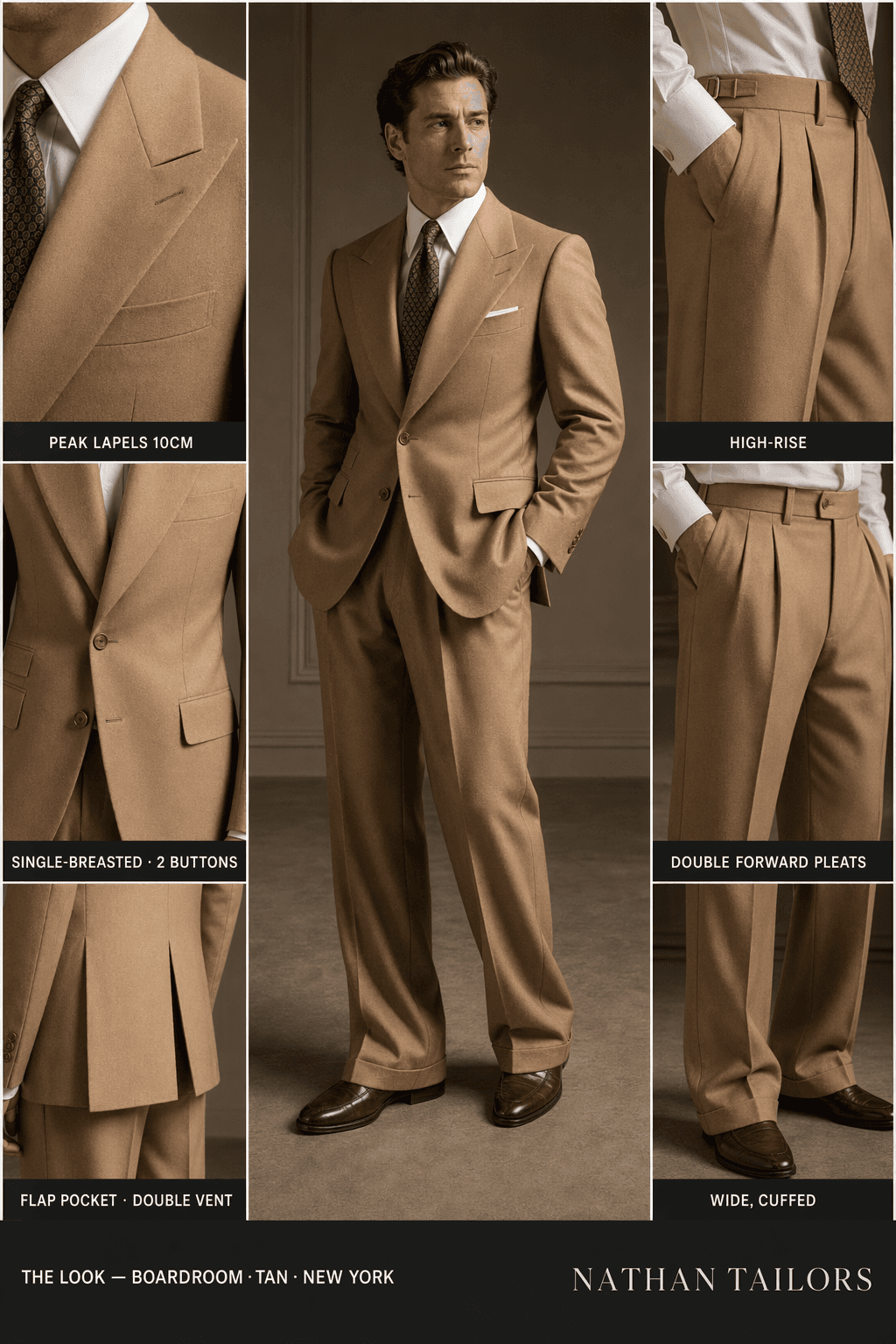 tan single-breasted peak-lapel online custom suit — designed online at RemoteSuit. Made-to-measure online custom suit available from $109.