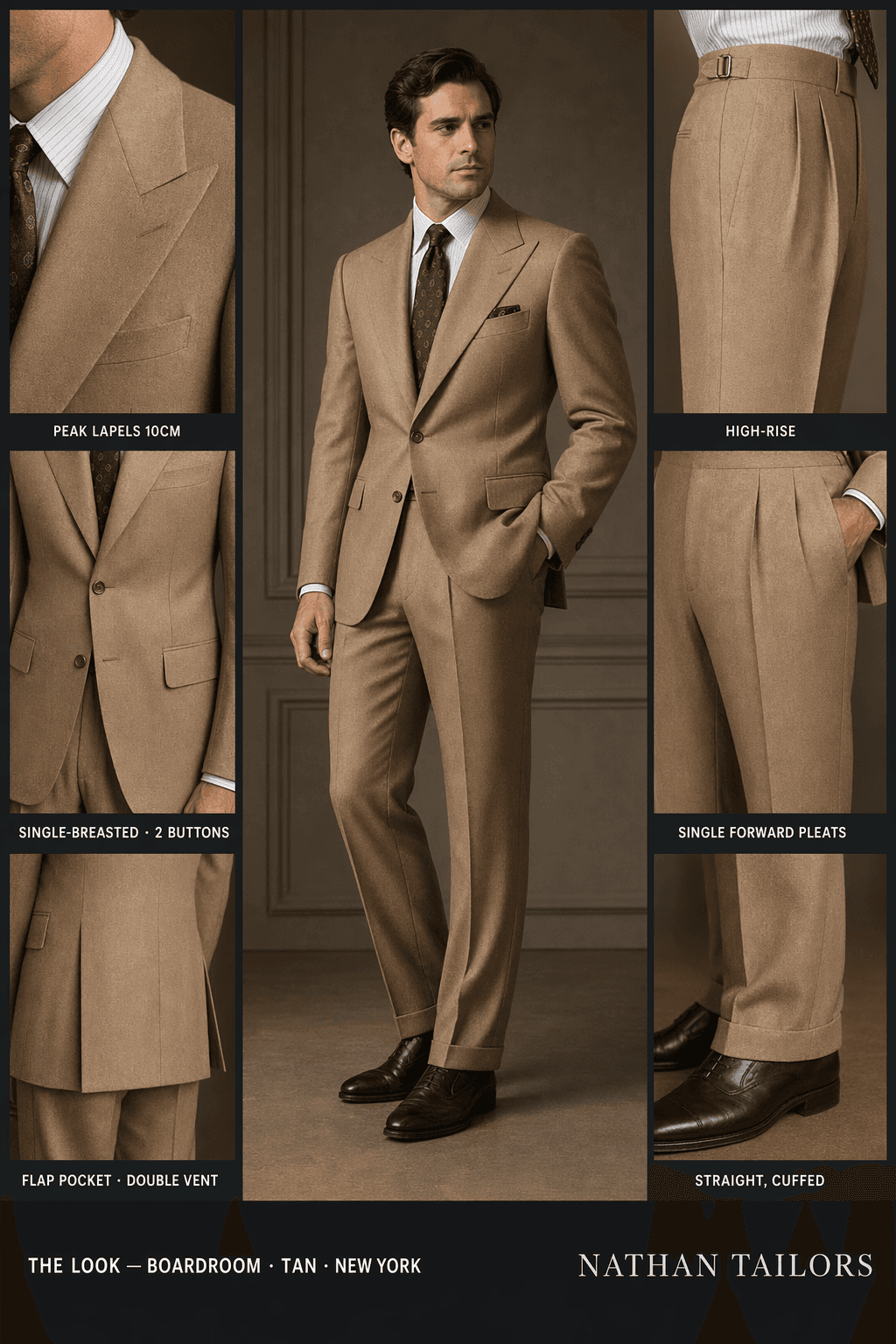 tan single-breasted peak-lapel online custom suit — designed online at RemoteSuit. Made-to-measure online custom suit available from $109.