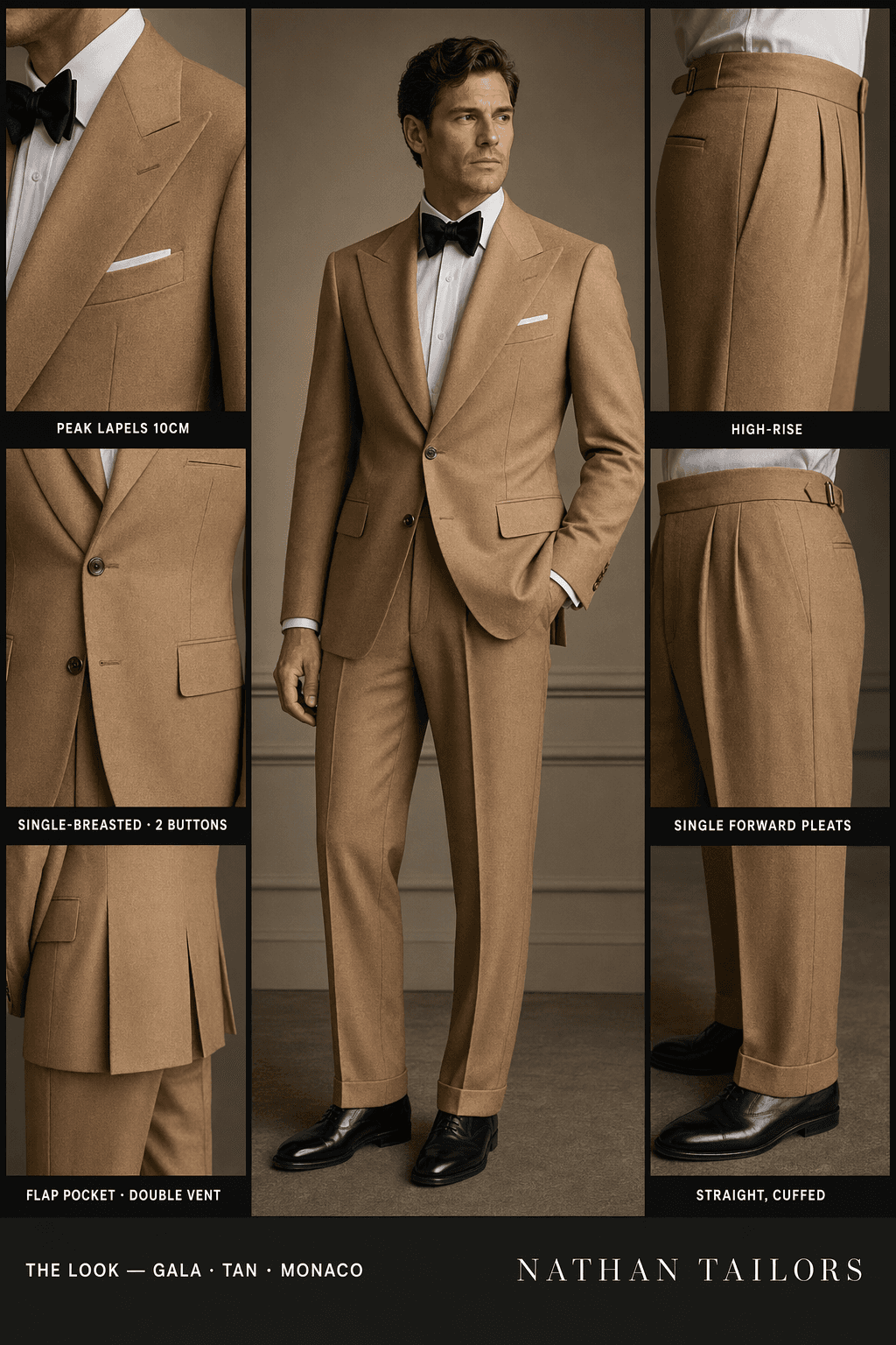 tan single-breasted peak-lapel online custom suit — designed online at RemoteSuit. Made-to-measure online custom suit available from $109.