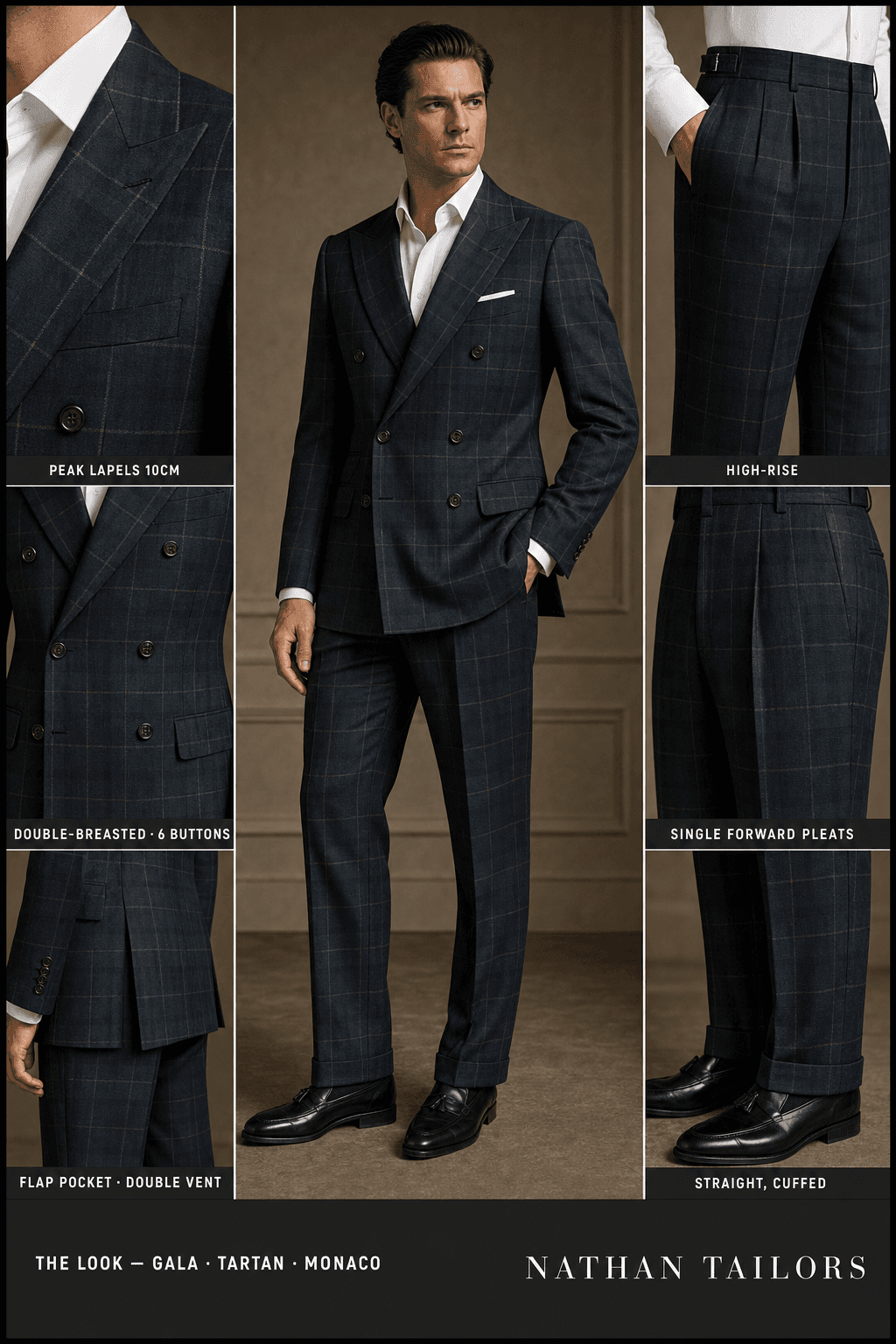 Tartan windowpane double-breasted peak-lapel online custom suit — designed online at RemoteSuit. Made-to-measure online custom suit available from $109.