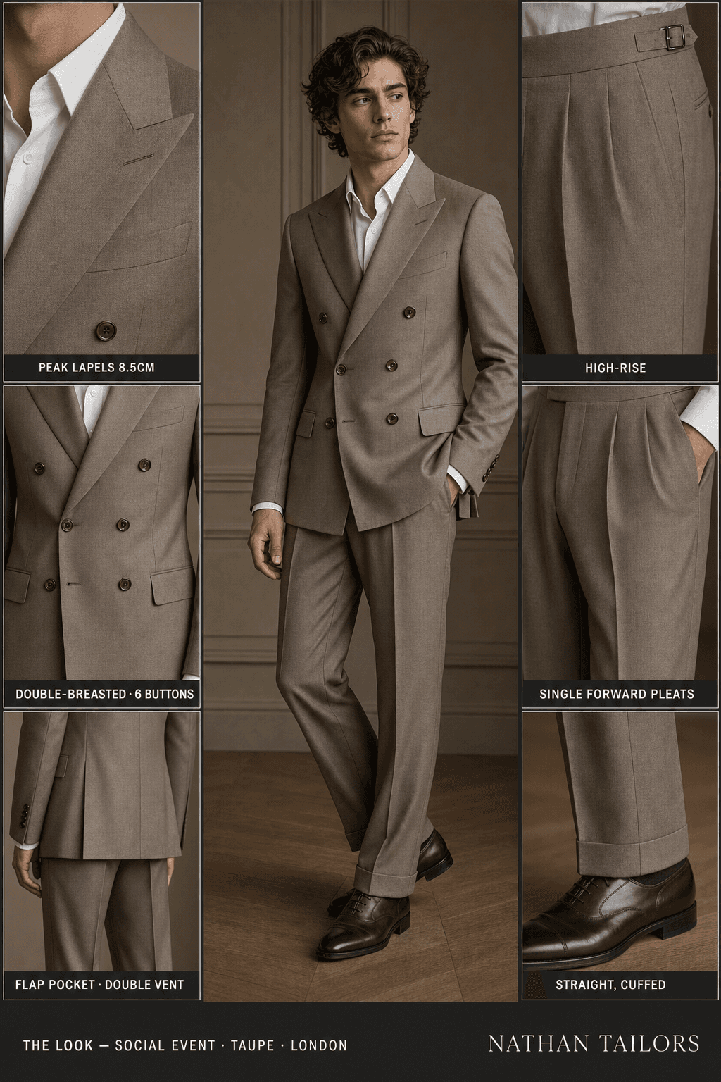 taupe double-breasted peak-lapel online custom suit — designed online at RemoteSuit. Made-to-measure online custom suit available from $109.