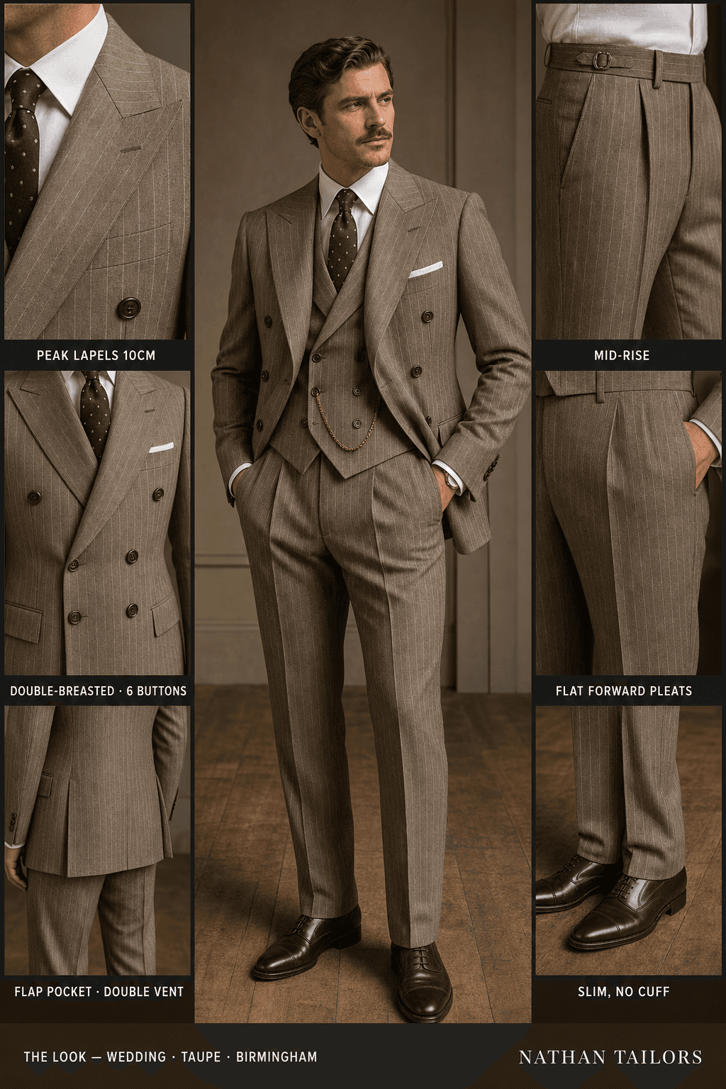 taupe pinstripe double-breasted peak-lapel online custom suit — designed online at RemoteSuit. Made-to-measure online custom suit available from $109.