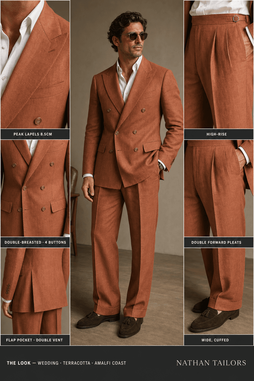 terracotta double-breasted peak-lapel online custom suit — designed online at RemoteSuit. Made-to-measure online custom suit available from $109.