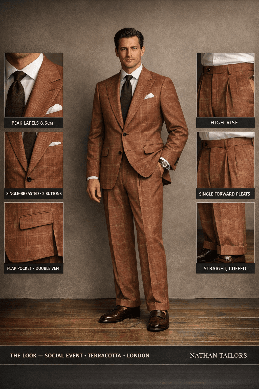 terracotta glen plaid single-breasted peak-lapel online custom suit — designed online at RemoteSuit. Made-to-measure online custom suit available from $109.