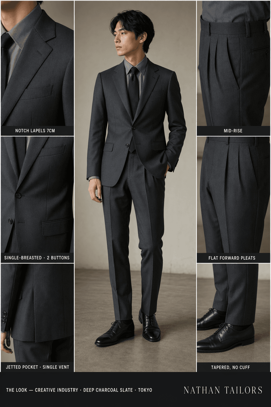 deep charcoal slate single-breasted notch-lapel online custom suit — designed online at RemoteSuit. Made-to-measure online custom suit available from $109.