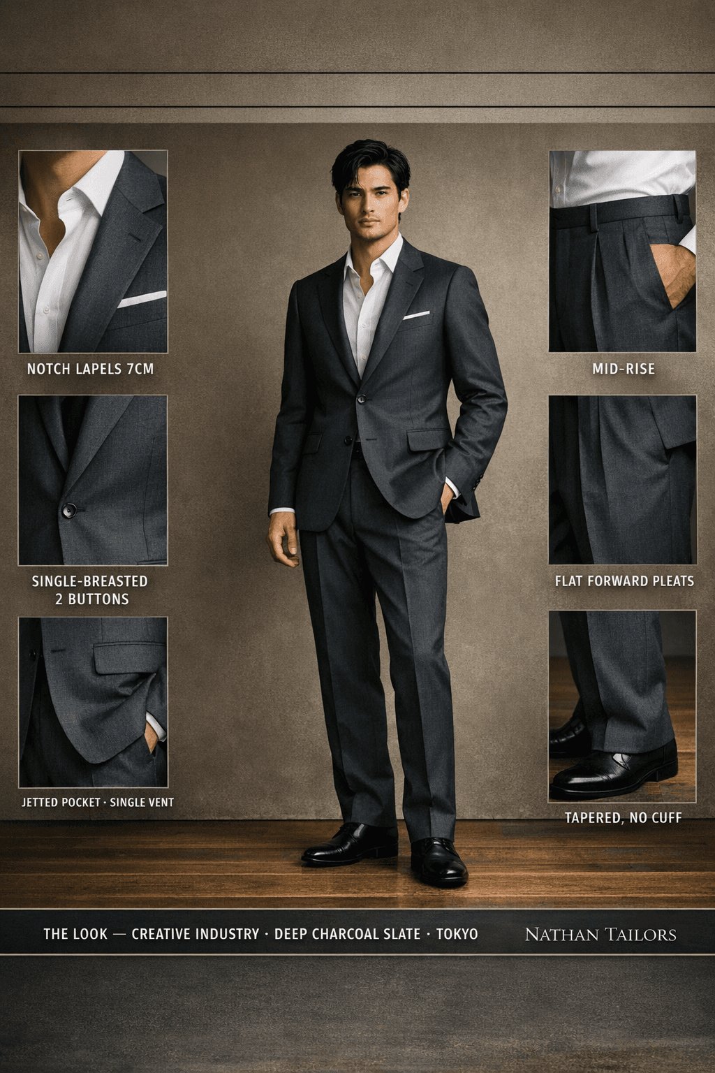 deep charcoal slate single-breasted notch-lapel online custom suit — designed online at RemoteSuit. Made-to-measure online custom suit available from $109.