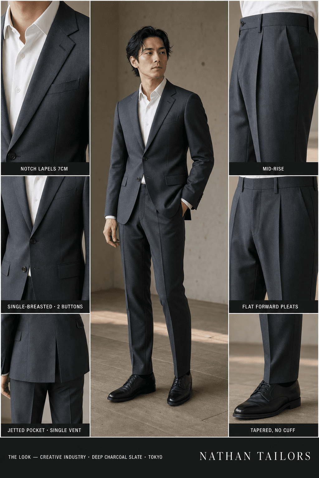 deep charcoal slate single-breasted notch-lapel online custom suit — designed online at RemoteSuit. Made-to-measure online custom suit available from $109.