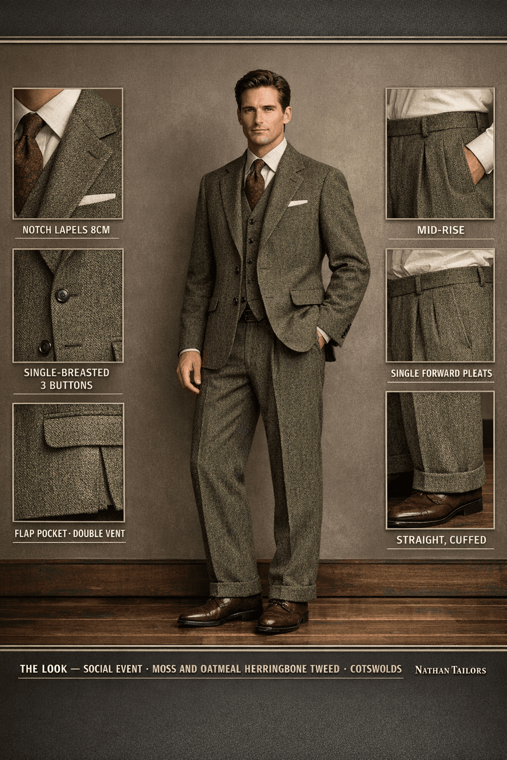 moss and oatmeal herringbone tweed herringbone single-breasted notch-lapel online custom suit — designed online at RemoteSuit. Made-to-measure online custom suit available from $109.
