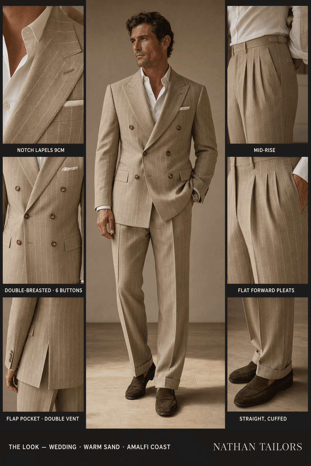 warm sand chalk stripe double-breasted notch-lapel online custom suit — designed online at RemoteSuit. Made-to-measure online custom suit available from $109.
