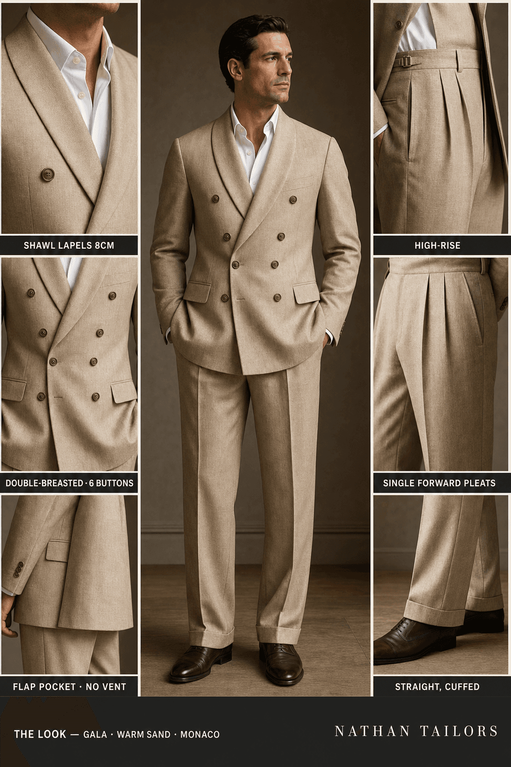 warm sand double-breasted shawl-lapel online custom suit — designed online at RemoteSuit. Made-to-measure online custom suit available from $109.