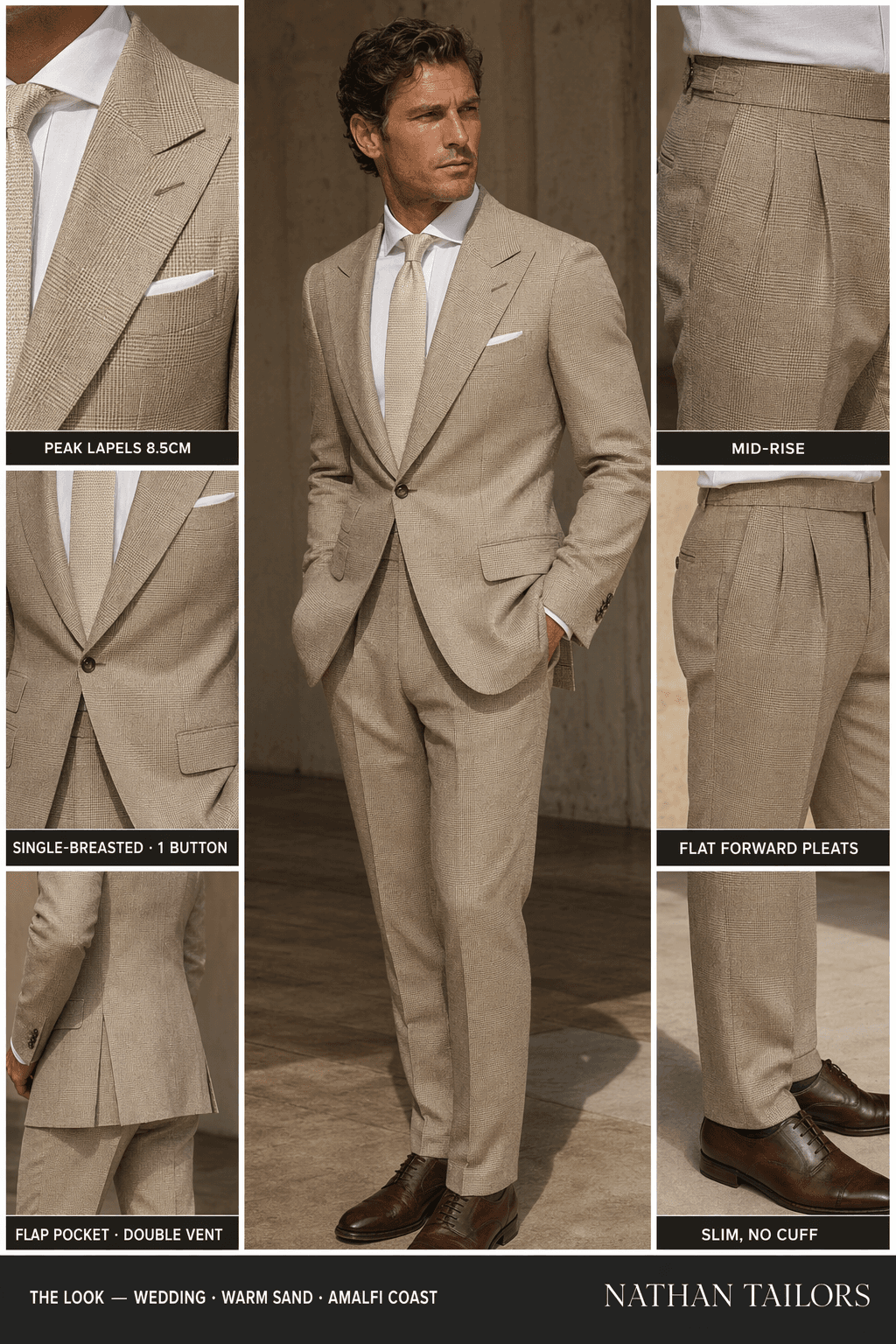 warm sand glen plaid single-breasted peak-lapel online custom suit — designed online at RemoteSuit. Made-to-measure online custom suit available from $109.
