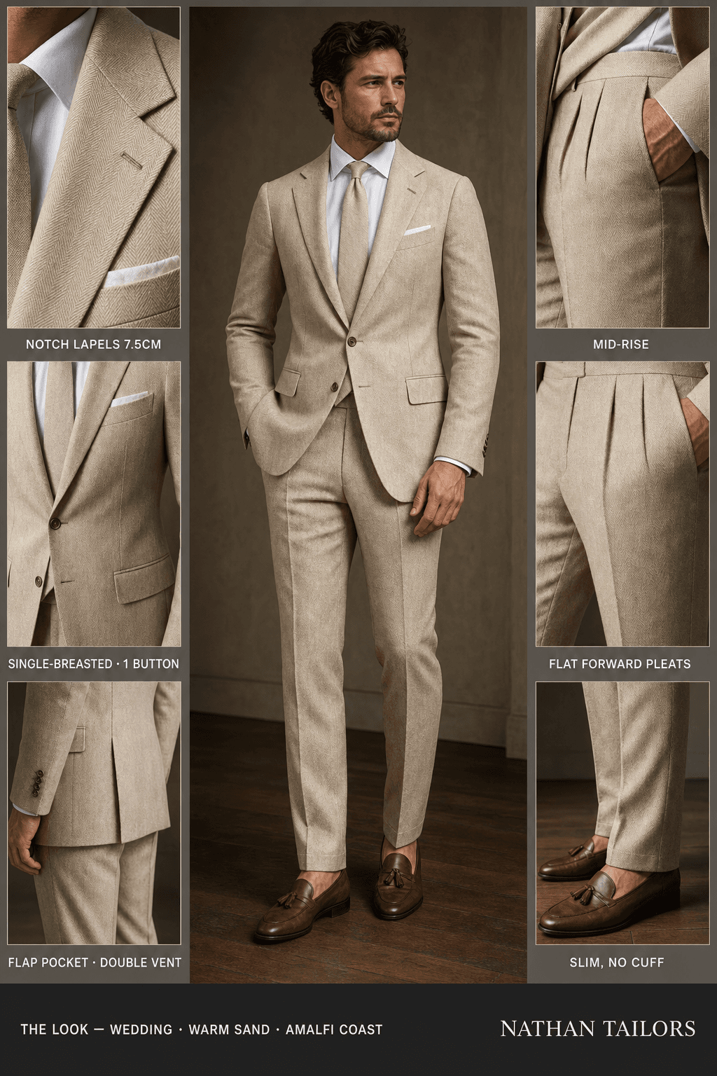 warm sand herringbone single-breasted notch-lapel online custom suit — designed online at RemoteSuit. Made-to-measure online custom suit available from $109.