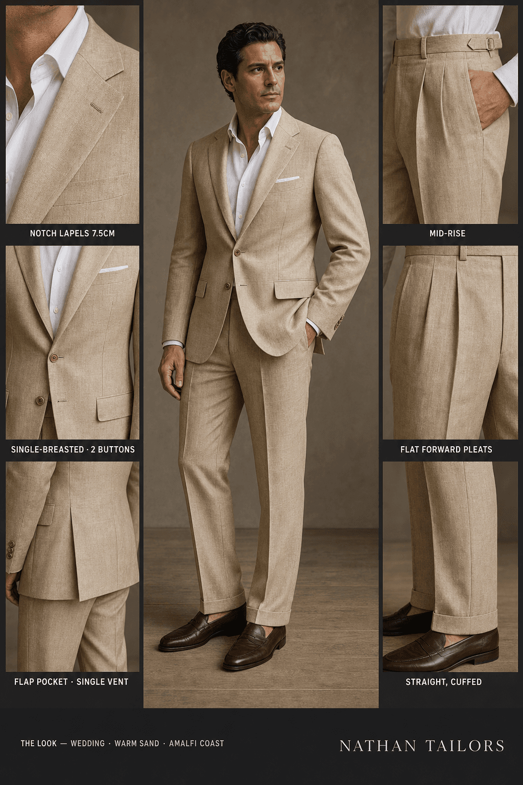 warm sand single-breasted notch-lapel online custom suit — designed online at RemoteSuit. Made-to-measure online custom suit available from $109.