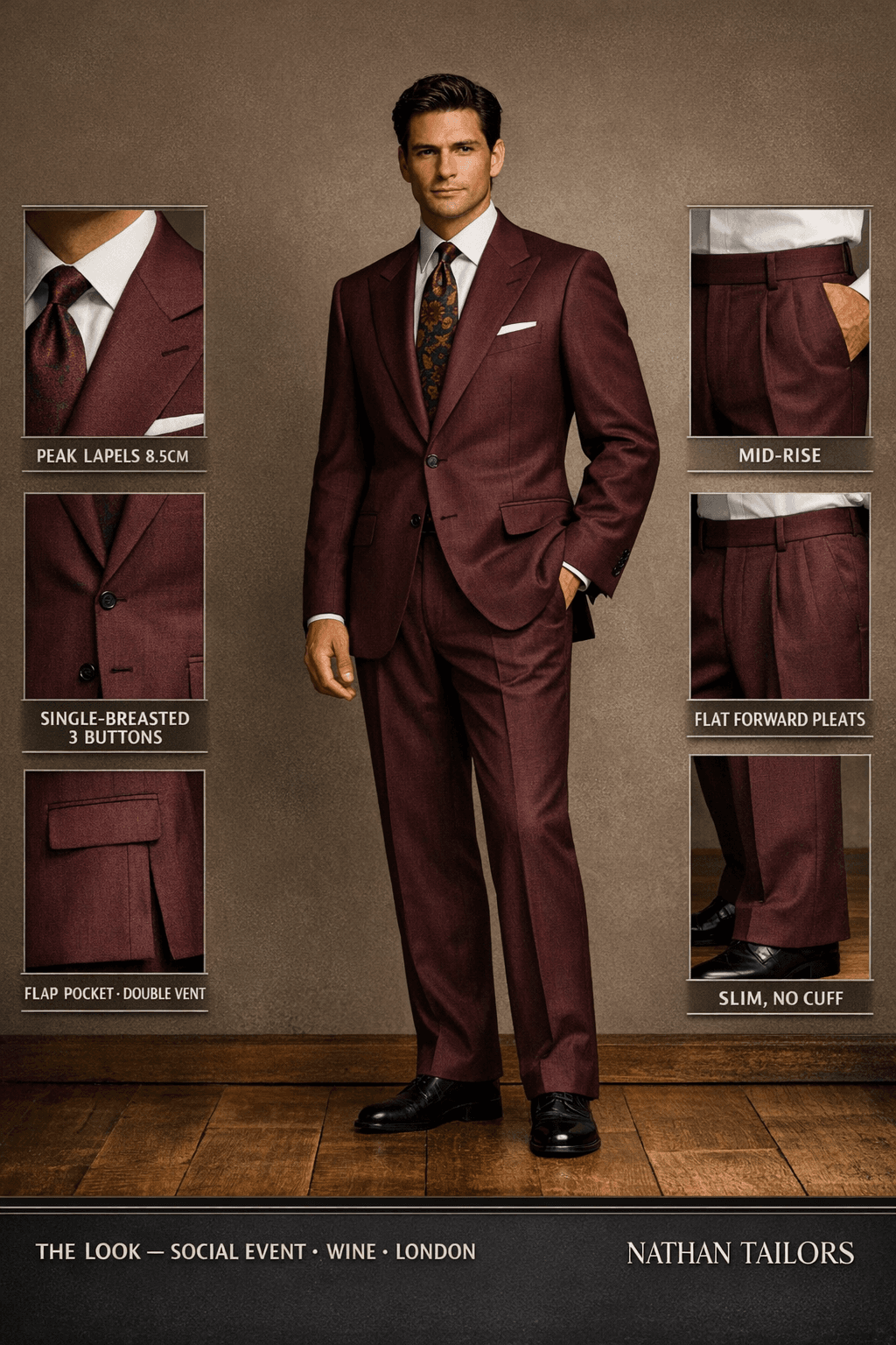 wine herringbone single-breasted peak-lapel online custom suit — designed online at RemoteSuit. Made-to-measure online custom suit available from $109.